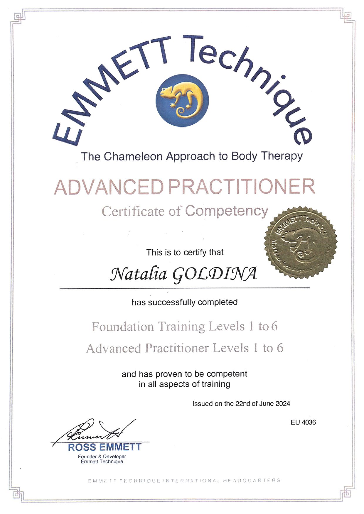 Diplôme Advanced Practitioner Emmett Technique de Natalia Goldina
