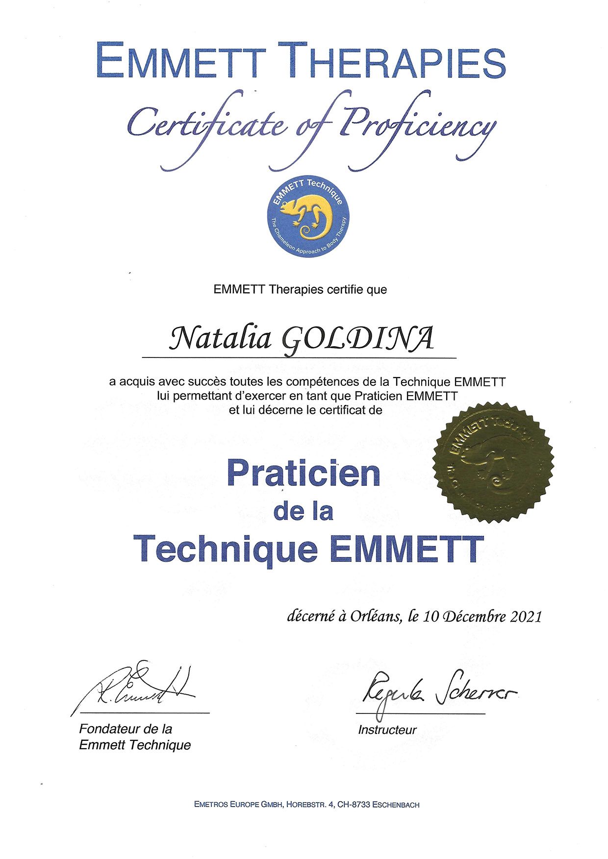 Diplôme de praticien Emmett Technique de Natalia Goldina