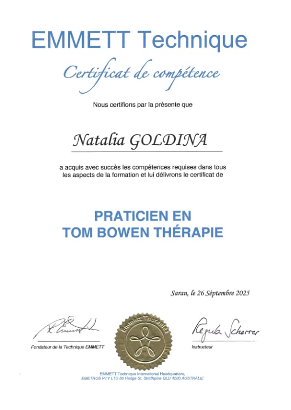 Diplôme de praticien en Tom Bowen thérapie de Natalia Goldina
